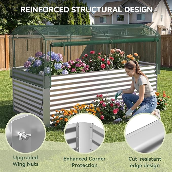 8x4x3 ft Tall Galvanized Raised Garden Bed with Self-Watering System Elevated Planter Boxes Outdoor with Mesh Cover Rectangular Deep Raised Beds for GardeningVegetablesFlower Backyard Patio