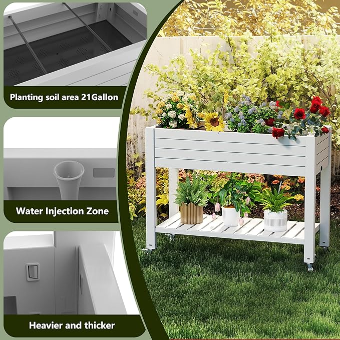 21 Gallon Raised Garden Bed with Legs and Wheels Self-Watering Raised Planter Box with Drainage Plug and Gauge Lower Shelf for Tools and Accessories Dust-Proof Resin for Patio and Backyard