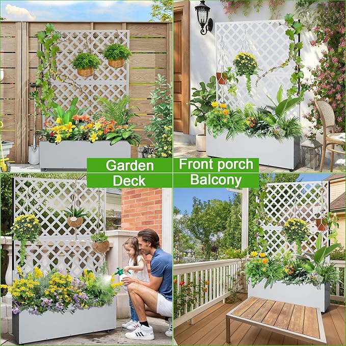 CABIHOME 73 H x 47 W Metal Planter Box with Trellis Outdoor Garden Box with Privacy Screen &amp Drainage Holes Raised Garden Bed with Trellis &amp Wheels Climbing Plants Flower Vegetable White