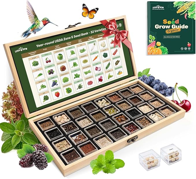 Lush&ampDew Year-Round USDA Zone 5 Seed Bank 32 Varieties Non-GMO Heirloom Seeds of Vegetables Herbs Gardening Gifts for Women Men Emergency Survival Kit for Raised Garden Bed Greenhouse