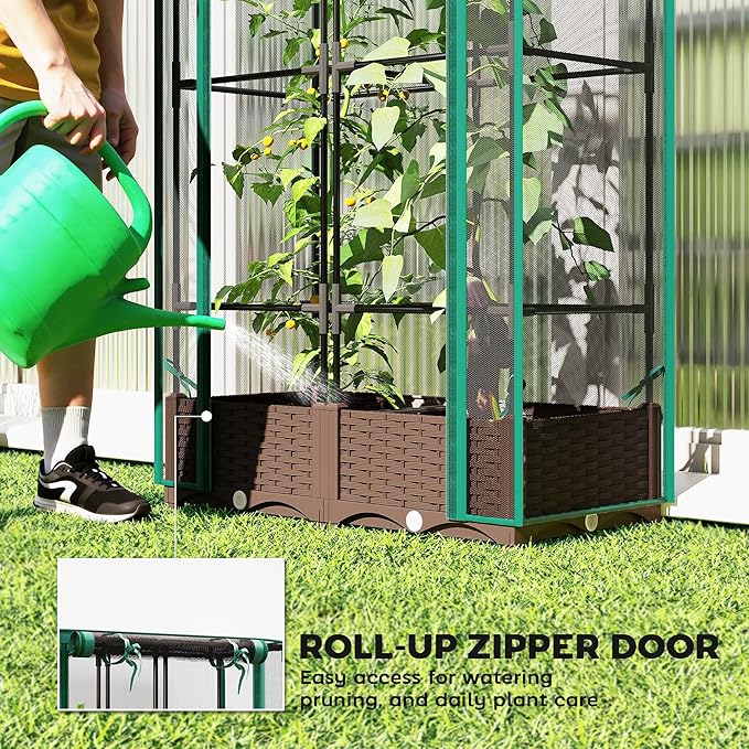 Outsunny Raised Garden Bed with Trellis 46.5 Tomato Cage with Crop Cage Self Watering Planter Box with Drainage Holes and Plugs for Outdoor Patio Climbing Plants Vines Vegetables Flowers Green