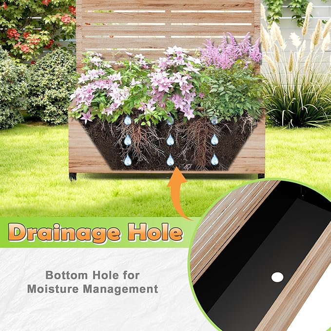 Metal Raised Garden Bed with Trellis 2-in-1 Planter Box &amp Privacy Screen for Climbing Plants Outdoor Standing Flower Bed with Drainage Holes 35.4 L x 15.7 W x 70.1 H Acacia Wood Grain