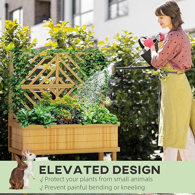 Wooden Planter Box with Trellis Elevated Raised Garden Bed for Climbing Plants Fir Wood Flower Shelf with Drainage Holes Natural 41.25 W x 17.75 D x 55 H