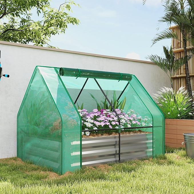 Outsunny 4 x 3 x 3ft Raised Garden Bed with Mini Greenhouse Galvanized Raised Garden Bed with Cover for Herbs and Vegetables Small Greenhouse for Patio Garden Balcony Green