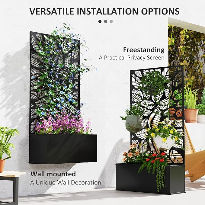 Outsunny Metal Raised Garden Bed with Trellis for Climbing Plants Freestanding or Wall Mounted Flower Bed with Privacy Panel Small Leaves Cut-Outs Outdoor Planter Box for Garden Patio Balcony