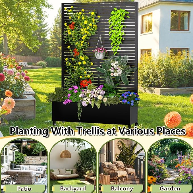 Metal Planter Box with Trellis 72.1x47.2x16 Outdoor Galvanized Raised Garden Bed with Privacy Screen &amp Drainage Holes &amp Lockable Casters for Climbing Plants Vegetable (Louvered-Black1)