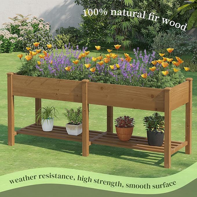 Wooden Raised Garden Bed Planter Box with Legs Garden Planter with Divider Bag for Backyard Patio Balcony Planter Stand Box for Herbs and Vegetables (Brown-L)