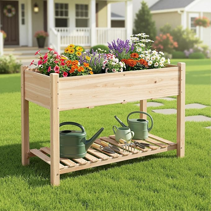 Topeakmart Raised Garden Bed Elevated 2 Tiers Wood Planting Bed Above Ground Planter Box for Vegetables Flowers Herbs Outdoor 47x23x32in