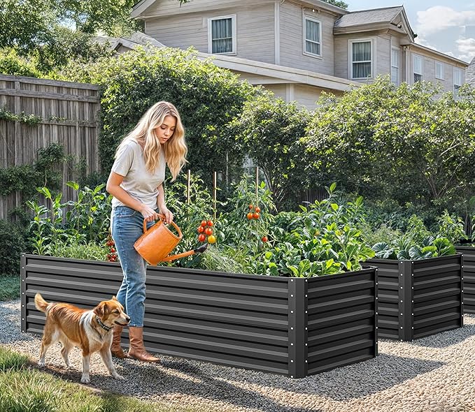 YITAHOME 6x3x2 ft 4pcs Galvanized Raised Garden Bed Kit Large Metal Planter Box with Gloves &amp Support Rod Outdoor Flower Bed for Plants Vegetables Black