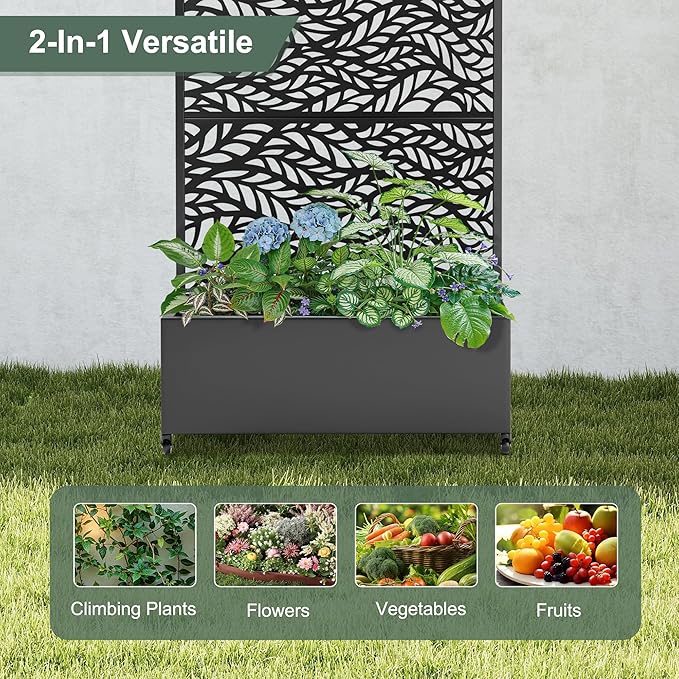 Metal Standing Planter Box with Trellis Privacy Planter for Patio Outdoor Raised Garden Beds with Trellis for Climbing Plants Garden Boxes with Wheels &amp Drainage Holes (35L Black Spring)