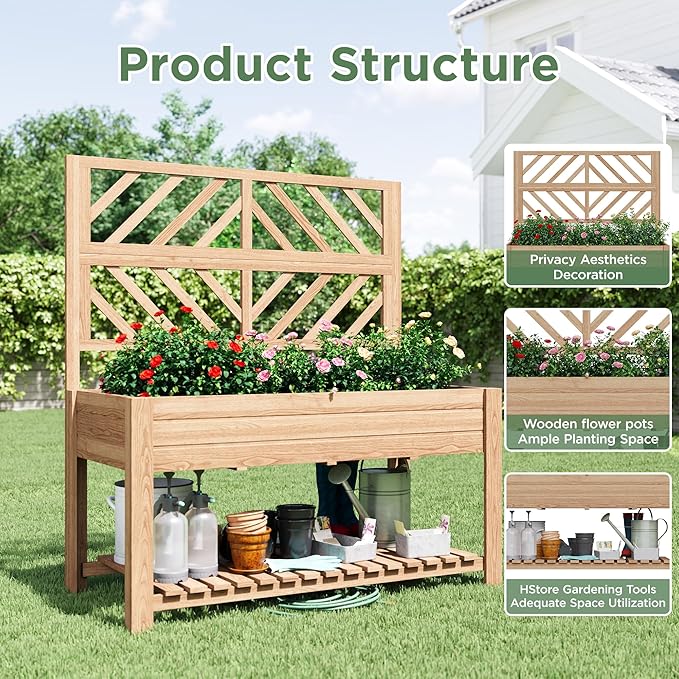 Vabches Wooden Elevated Raised Garden Bed with Trellis47x24x55 in Planter Box with Legs and Storage ShelfFreeStanding Gardening Planter for Flower Herb Vegetable Fruit Climbing Vines