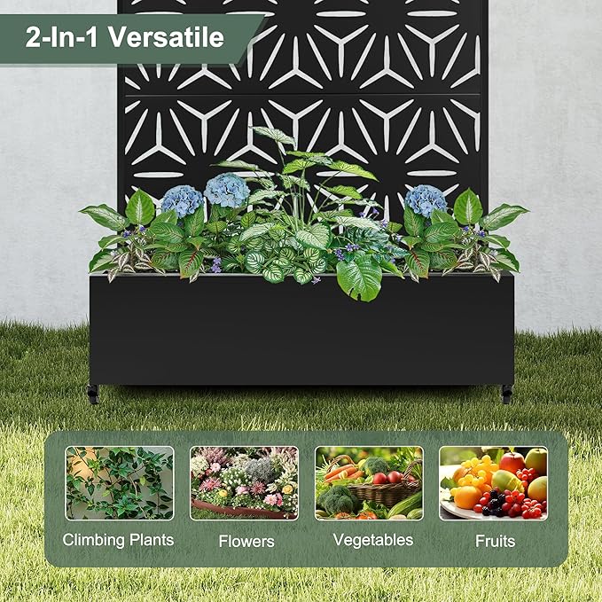 Metal Planter Box with Trellis &amp Privacy Screen for Patio Large Raised Garden Beds with Drainage Holes &amp Wheels 47 L×16 W×71 H Standing Flower Beds with Trellis (Black Star)