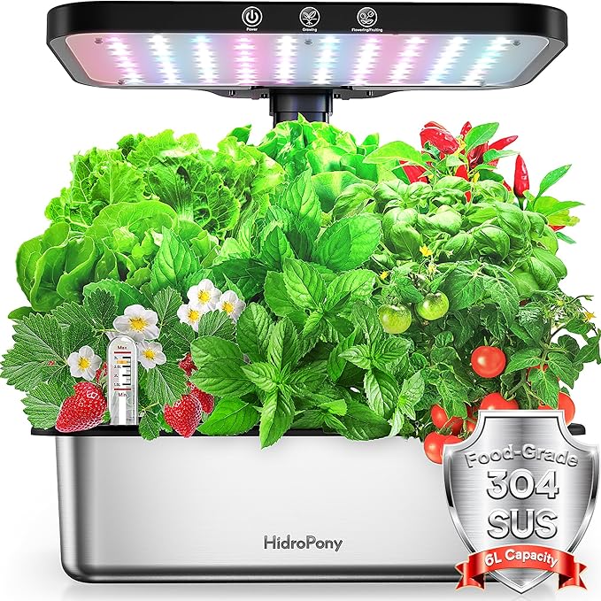 Stainless Steel Hydroponics Growing System kit Indoor Garden: 15 Pods Herb Garden with 24W Full Spectrum Grow Light Hydroponic Gardening System with Silent Pump Planting Height Up to 19.7 (Sliver)