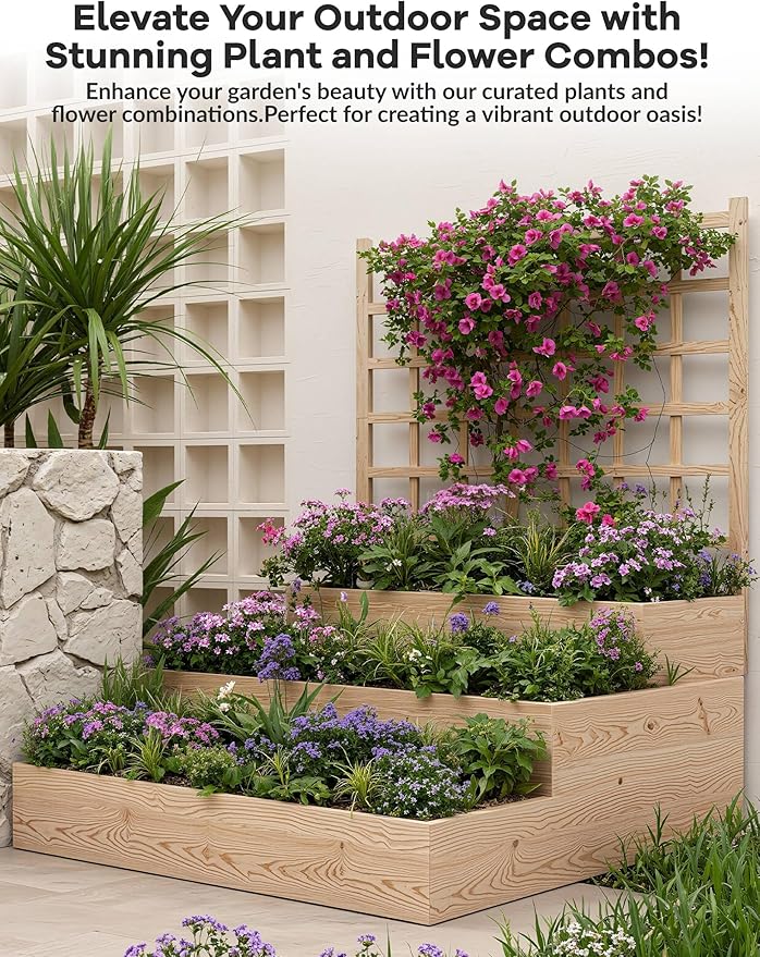 GarveeLife 3 Tier Raised Garden Bed with Trellis Wooden Vertical Planters with Open-Ended Base for Climbing Plants Vines Flower Herb Vegetable Fruit Outdoor Planter Boxes for Patio Yard Lawn