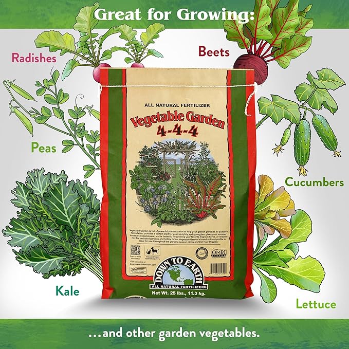 Down To Earth All Natural Fertilizers Organic Vegetable Garden - Plant Food for Vegetables Herbs Greens and Raised Beds 4-4-4 25 lb