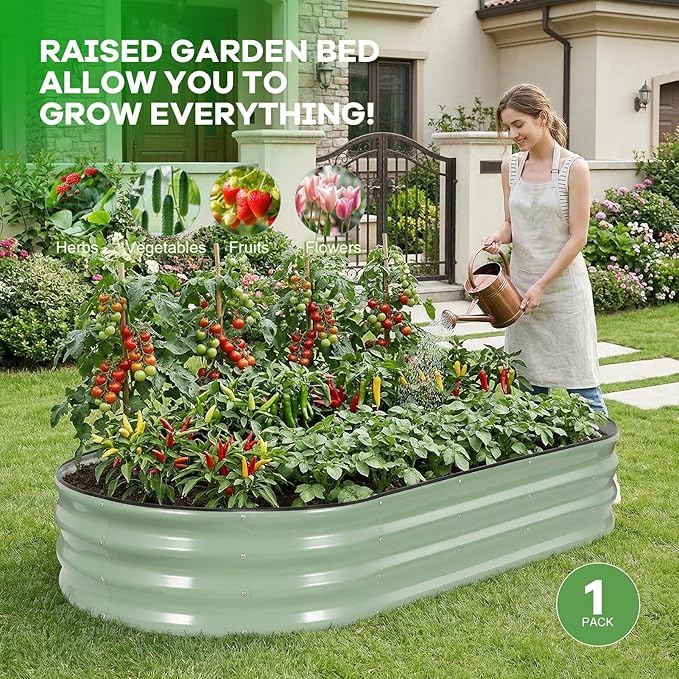 Galvanized Raised Garden Bed Outdoor 6x3x1ft Oval Metal Raised Beds for Gardening Rust-Resistant Garden Planter Box for Planting Vegetables Flowers Fruits in Backyard Lawn(Avocado Green)