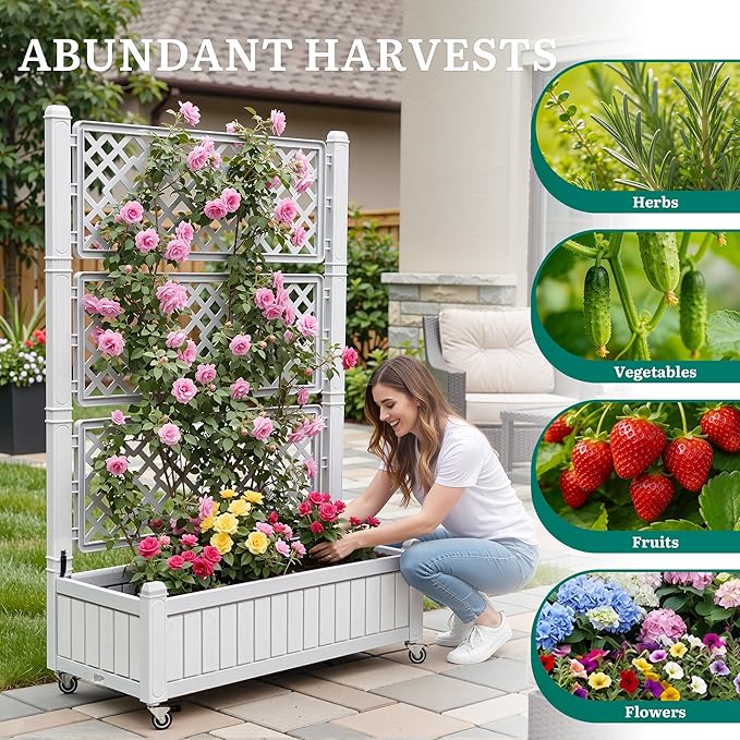 YITAHOME 42.5x14.2x61 in Planter Box with Trellis/Outdoor Privacy Screen All-Weather Raised Garden Bed with Wheels &amp Drain Plug for Climbing Plants Flowers Herbs White