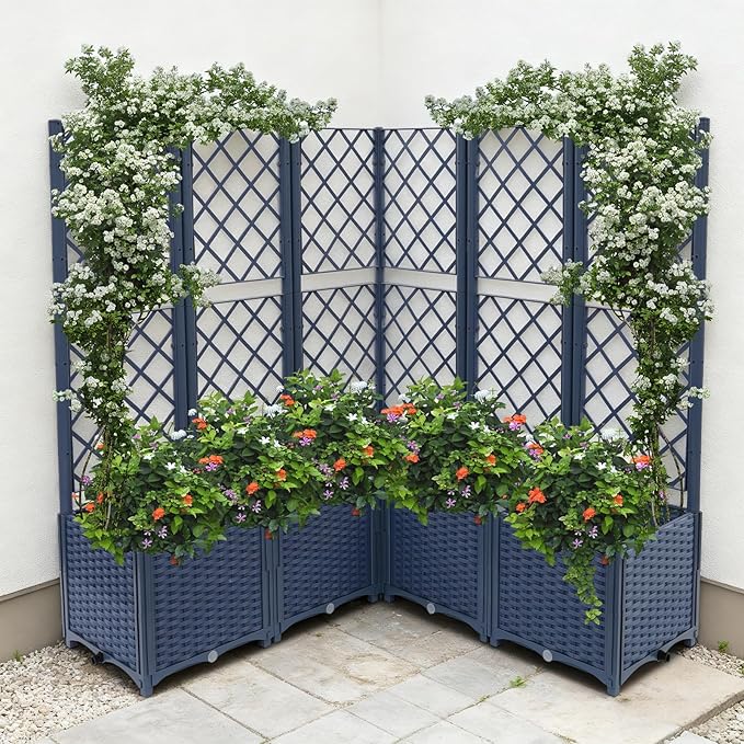 5 PCS Plastic Plant Sturdy Raised Garden Bed with Trellis 56 H Horticulture Outdoor Raised Box Privacy Screen for Patio Balcony Garden Planter Box for Backyard Patio (Blue)