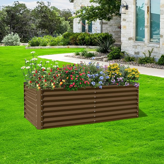 Domi 6x3x2ft Metal Raised Garden Beds Outdoor Thickened Galvanized Steel Deep Root Planter Box with Stabilizing Bars &amp Rubber Edging for Vegetables Flowers Herbs - Brown