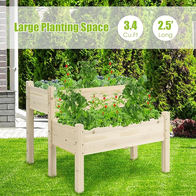 COSTWAY 2-Tier Raised Garden Bed Sturdy Fir Wood Elevated Planter with Legs for Vegetables Herbs &amp Flowers – Indoor &amp Outdoor Use Natural Finish