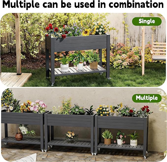Elevated Raised Garden Bed with Legs 33.66 Tall Self-Watering Resin Outdoor Planter Box with Storage Shelf Drain Plug Water &amp Monitor for Plants Vegetables Flowers Fruits (Black)