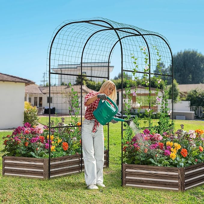 DoCred 3 in 1 Raised Garden Bed with 87in Tall Arch Trellis for Climbing Plants Galvanized Planter Garden Box Outdoor for Gardening Climbing Vegetables Flower
