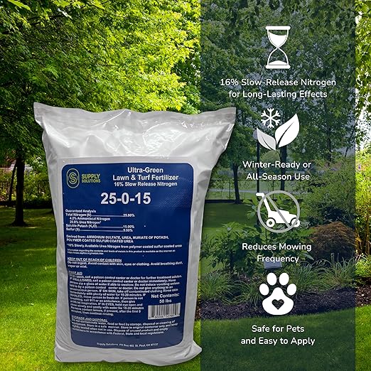 Supply Solutions 25-0-15 Ultra Green Lawn and Turf Fertilizer - 16% Slow Release Nitrogen - Promotes Lush Green Lawns and Strong Root Growth Reduces Mowing Frequency (50 Pounds)