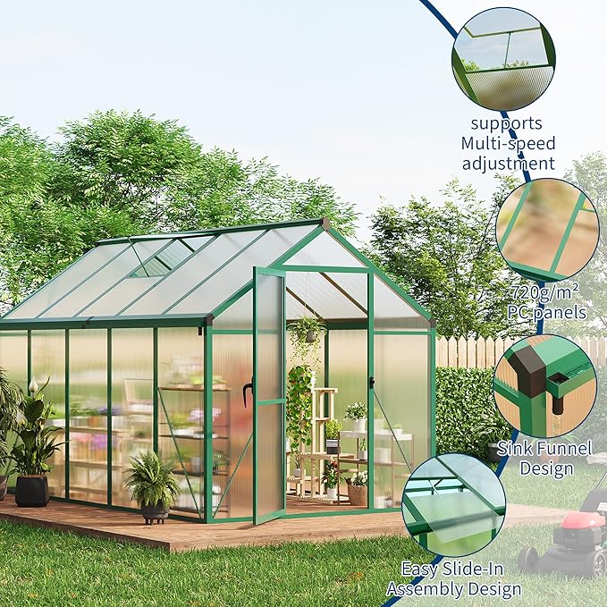 6x10 FT Greenhouse Greenhouses for Outside Polycarbonate Greenhouse with Aluminum Frame Lockable Door and Ajustable Roof Vent for Backyard Green Houses for Outside Garden Backyard Patio