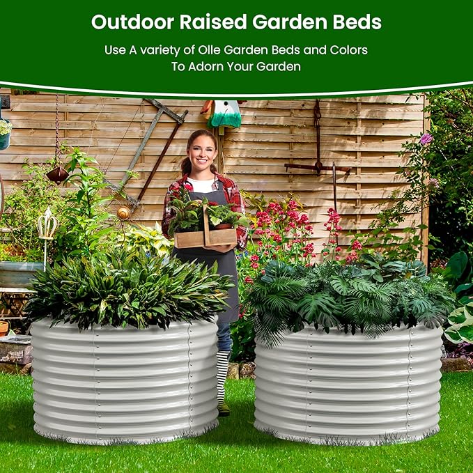 Olle 32 Tall Raised Beds for Gardening Galvanized Raised Garden Beds Round Garden Bed Metal Flower Bed Outdoor Backyard Garden Planter Box Ivory