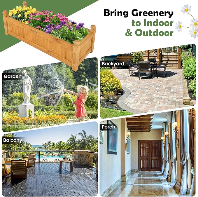 Giantex Raised Garden Bed Wooden Planter with Drainage Holes Rectangular Plant Box for Vegetables Flowers Herbs Fruit Growing Raised Container for Garden Patio Balcony Easy Assembly