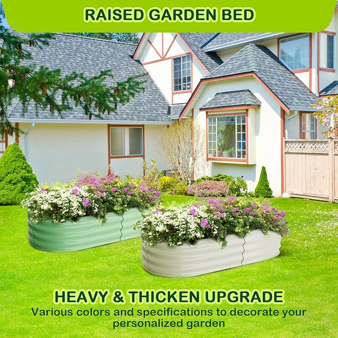 2 Pcs 4.5x2x1ft Galvanized Raised Garden Bed OutdoorPlanters for Outdoor PlantsOpen-Ended Base Planter Raised BoxesOval Metal Planter Box for Vegetables Flowers FruitsRubber Edge Green
