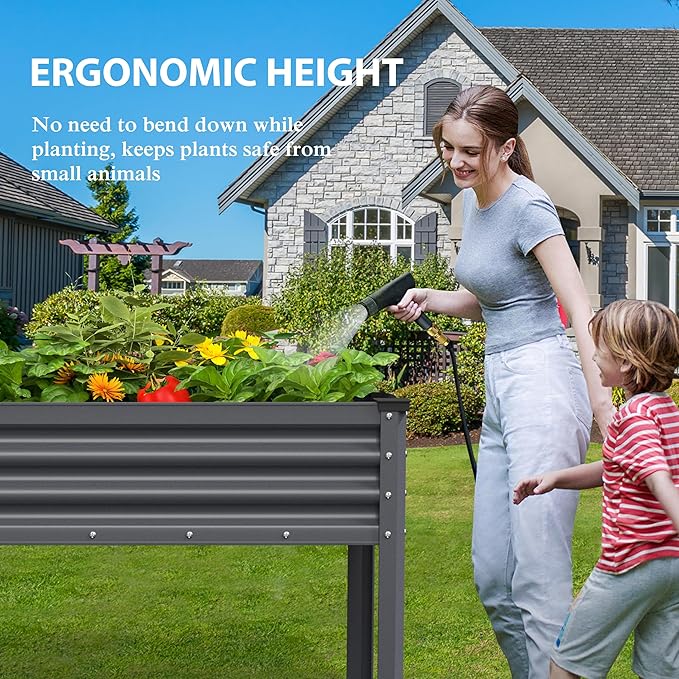 MUPATER Galvanized Steel Raised Garden Bed with Legs 48 L x 24 W x 32 H Large Metal Elevated Raised Planter Box with Detachable Black Liner for Backyard Garden Balcony Gray