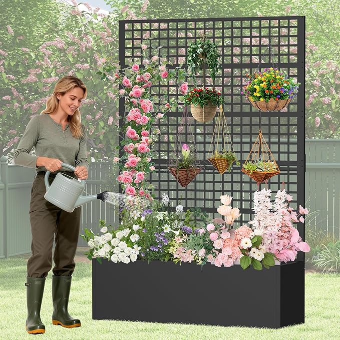 Metal Planter Box with Trellis 47 L x 16 W x 72 H Raised Garden Bed with Privacy Screen Privacy Planters for Climbing Plants Flowers Vegetables Fruits