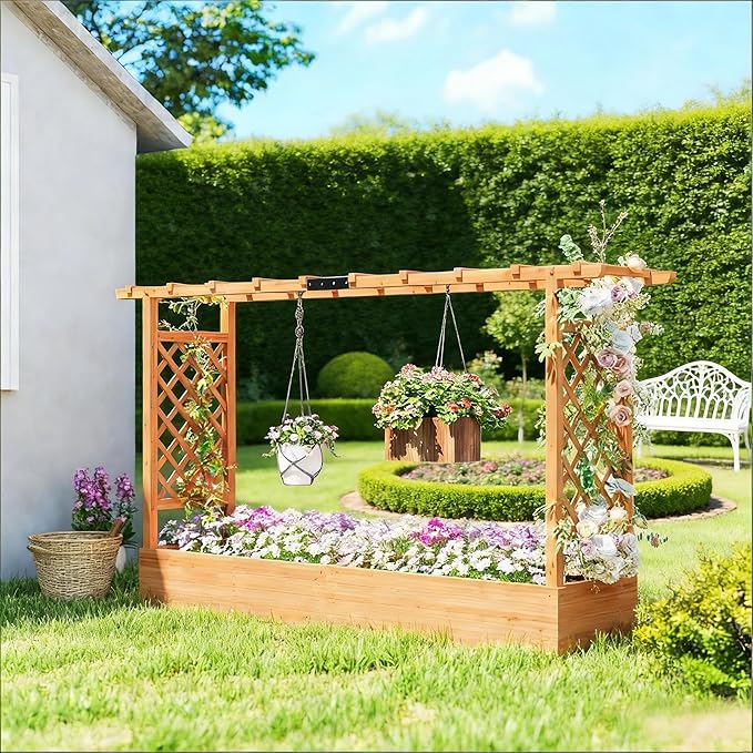 Easy Start Raised Garden Kit with Trellis - Wooden Planter Box for Beginners Grow Tomatoes &amp Climbing Veggies Without Bending or Extra Tools