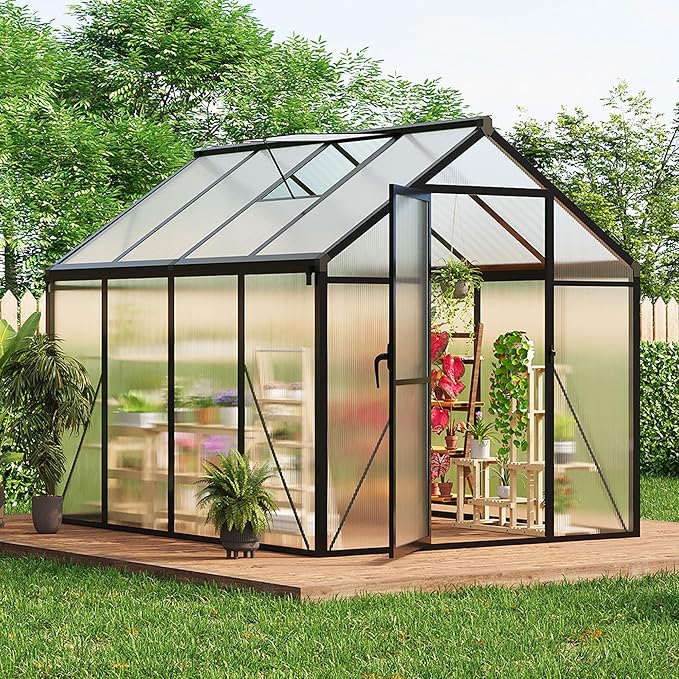 6X8 FT Outdoor Polycarbonate Greenhouse Sturdy Aluminum Frame Adjustable Roof Vent Ideal for Backyard Patio or Garden All-Weather Green House for Growing Plants and Vegetables
