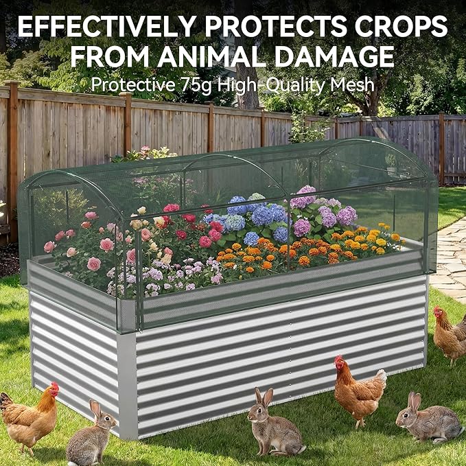 8x4x3 ft Tall Galvanized Raised Garden Bed with Self-Watering System Elevated Planter Boxes Outdoor with Mesh Cover Rectangular Deep Raised Beds for GardeningVegetablesFlower Backyard Patio