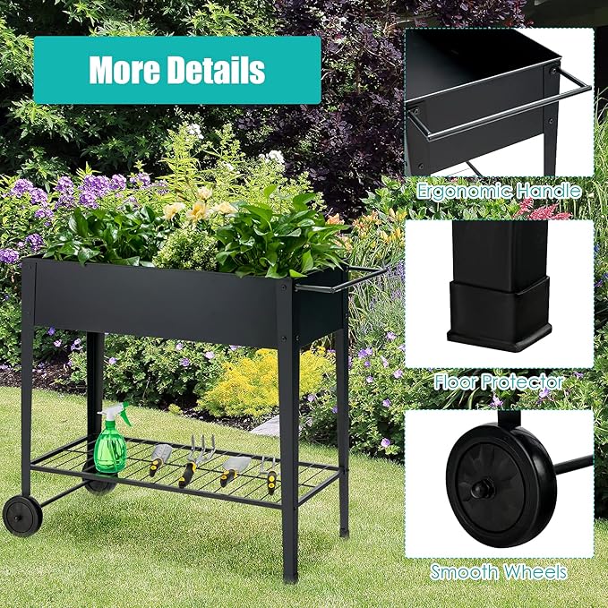 TANGZON Mobile Raised Garden Bed Metal Elevated Flower Vegetable Herb Planter Box with 2 Wheels Bottom Shelf &amp Ergonomic Handle Outdoor Grow Bed for Backyard Patio