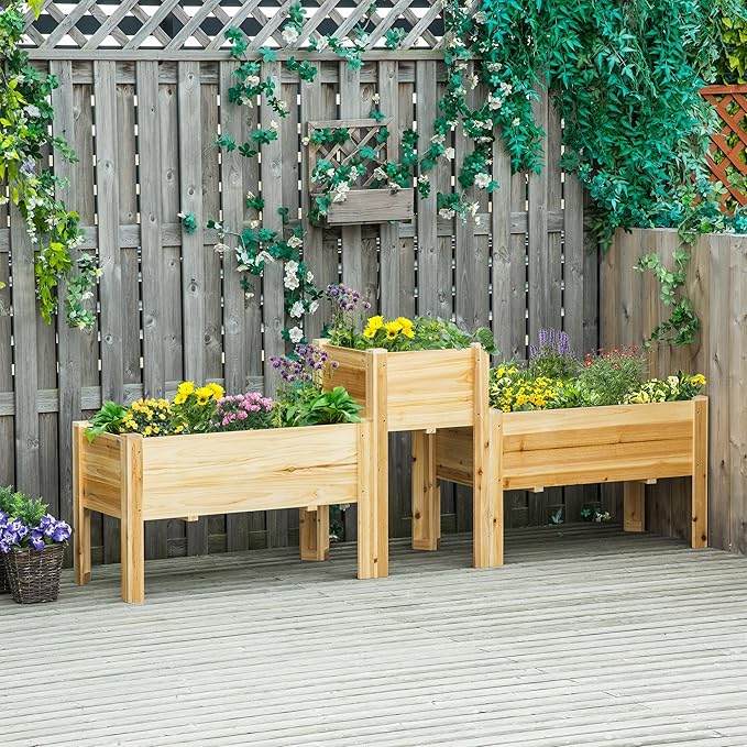 3-Piece Wooden Garden Bed Set Raised Planter Boxes for Vegetables Herbs &amp Flowers