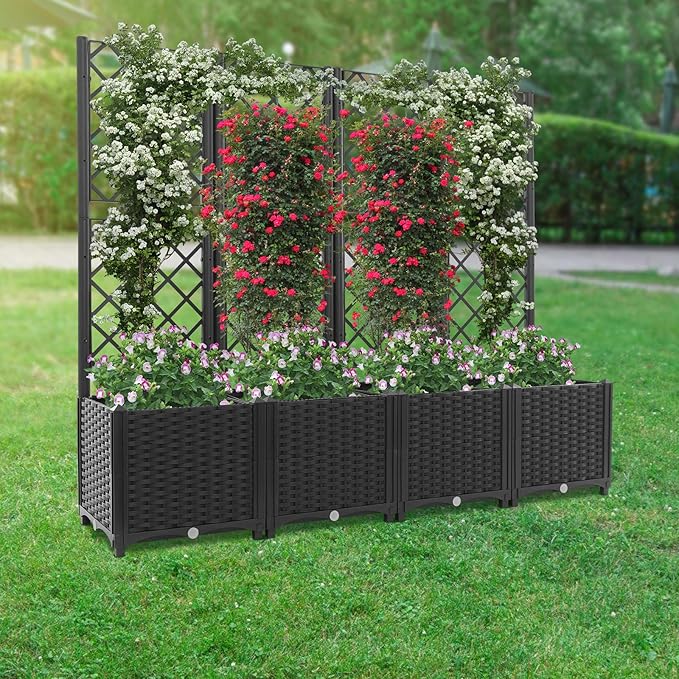 4PCS Plastic Planter Box with Trellis63x16x56 Raised Garden Bed with Trellis for Plant &amp FlowerOutdoor Planter Box for Climbing Plants Vegetables VinesBackyard Patio Privacy Planter with Tre