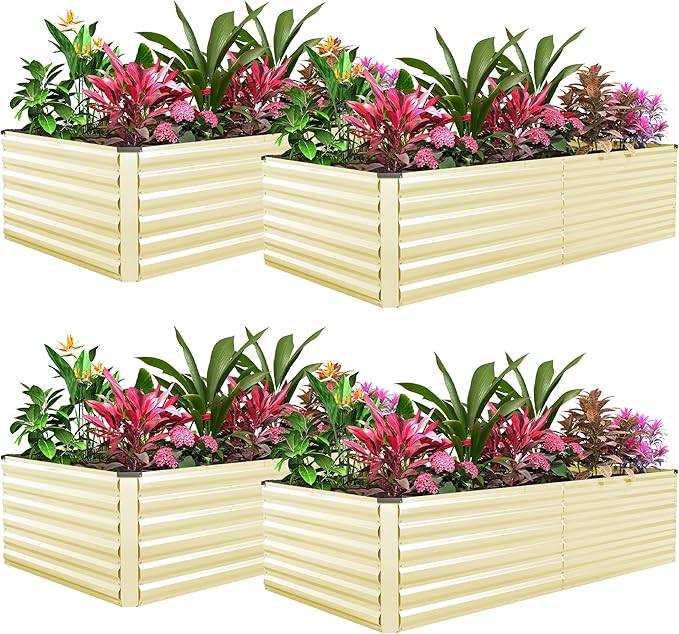 FOOWIN 4pcs 6x3x2ft Galvanized Raised Garden Bed Planter Raised Garden Boxes Outdoor Large Metal Raised Beds for Gardening Garden Bed for Vegetables Flowers Herb269 Gallon Capacity Cream Yellow
