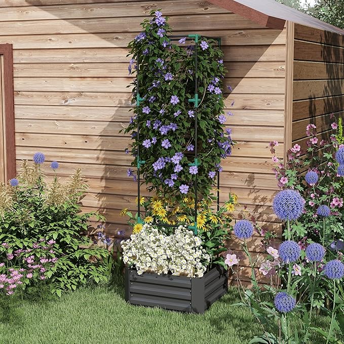 Outsunny Galvanized Raised Garden Bed 73.5 Tall Outdoor Planter Box with Trellis Tomato Cage and Open Bottom for Climbing Vines Vegetables Flowers in Backyard Garden Patio Dark Gray