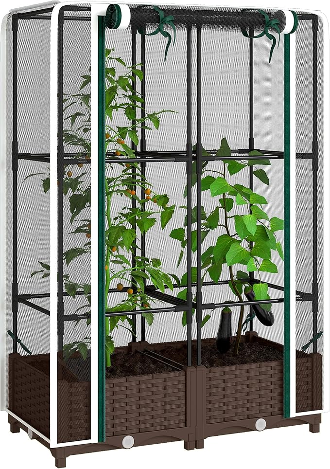 Outsunny Raised Garden Bed with Trellis 46.5 Tomato Cage with Crop Cage Self Watering Planter Box with Drainage Holes and Plugs for Outdoor Patio Climbing Plants Vines Vegetables Flowers White