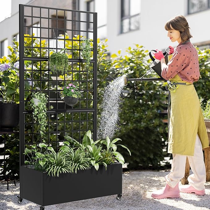 Casaphoria Metal Raised Garden Bed with Trellis and Wheels 72x35x16 Planter Box for Climbing Plants Vegetables &amp Vines Features Drainage Holes and Privacy Screen (Black-Grid)