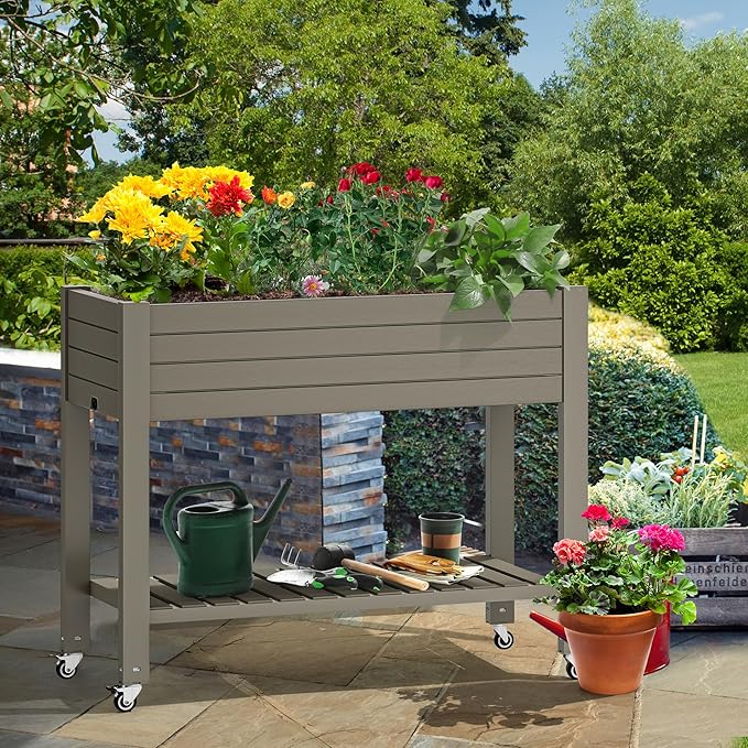 YITAHOME 43.3x17.7x34 in Elevated Garden Bed 2pcs Outdoor Plastic Planter Box with Wheels Legs Drain Plug and Storage Shelf for Plants Vegetables Flowers Herbs Light Brown