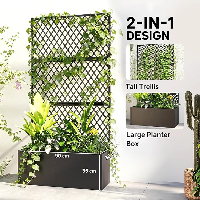 Outsunny Metal Planter Box with Trellis Raised Garden Bed with Trellis Privacy Screen and Drainage Holes for Climbing Plants Diamond Lattice Privacy Planter for Garden Patio Balcony