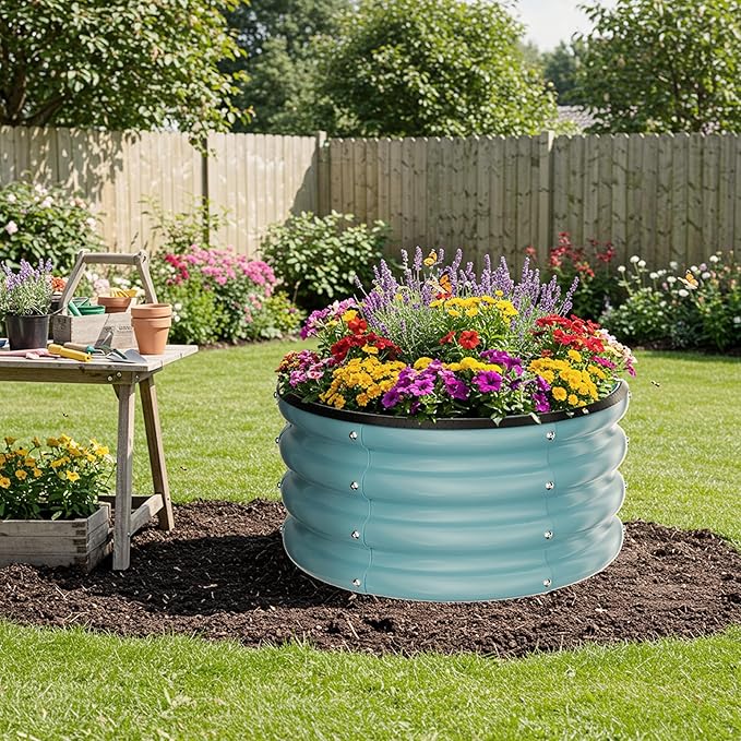 ZXZYHFTY Round Galvanized Raised Garden Bed kit Blue Outdoor Garden Raised Planter Box Round Large Metal Raised Garden Beds for Vegetable 2 * 2 * 1ft 1 Pack