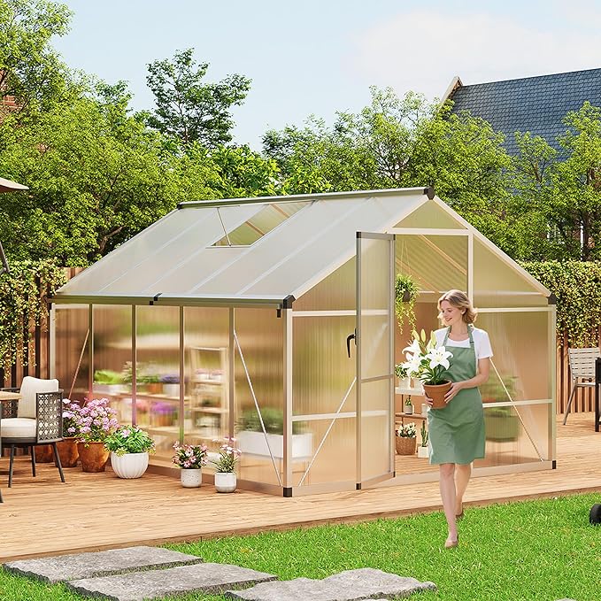 8X10 FT Outdoor Polycarbonate Greenhouse Sturdy Aluminum Frame Adjustable Roof Vent Ideal for Backyard Patio or Garden All-Weather Green House for Growing Plants and Vegetables