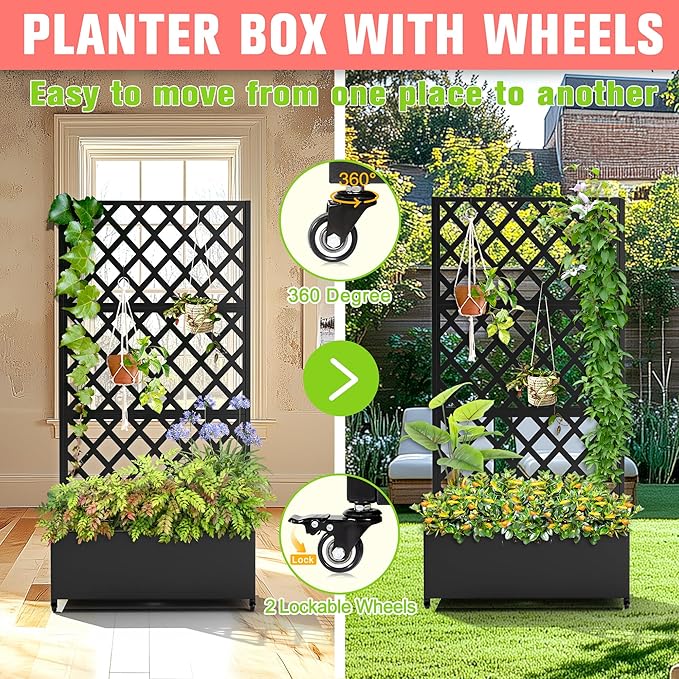 Metal Planter Box with Trellis Raised Garder Bed with Drainage Hole Privacy Screen &amp Trellis for Climbing Plants Outdoor Plant Stands 35''L×17''W×73''H Black