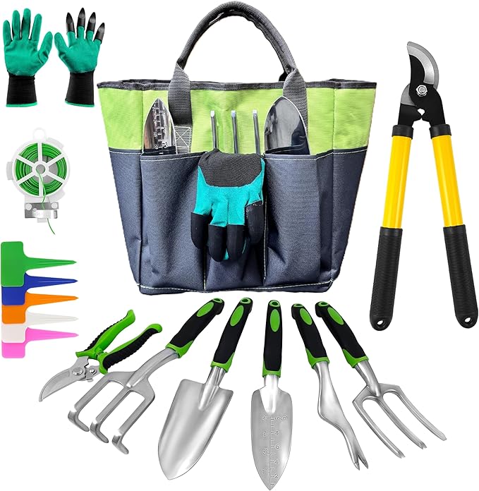 41-Piece Premium Gardening Tool Set Stainless Steel Heavy Duty Gardening Tool Kit with Non-Slip Rubber Grip Storage Tote Bag Outdoor Hand Tools Ideal Gardening Gifts for All (Green/Grey)