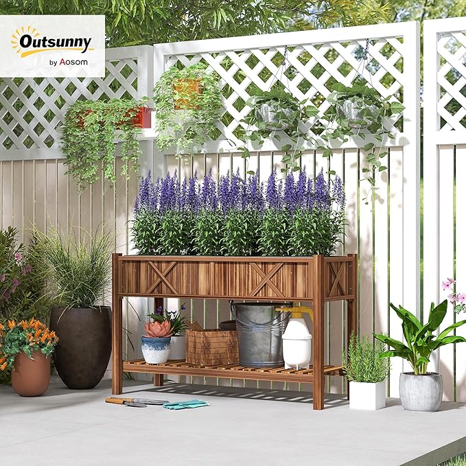 Outsunny Raised Garden Bed Elevated Wood Planter Box with Storage Shelf Drainage Holes and Liner for Backyard Patio Balcony 47 x 22 x 31.5 in Carbonized